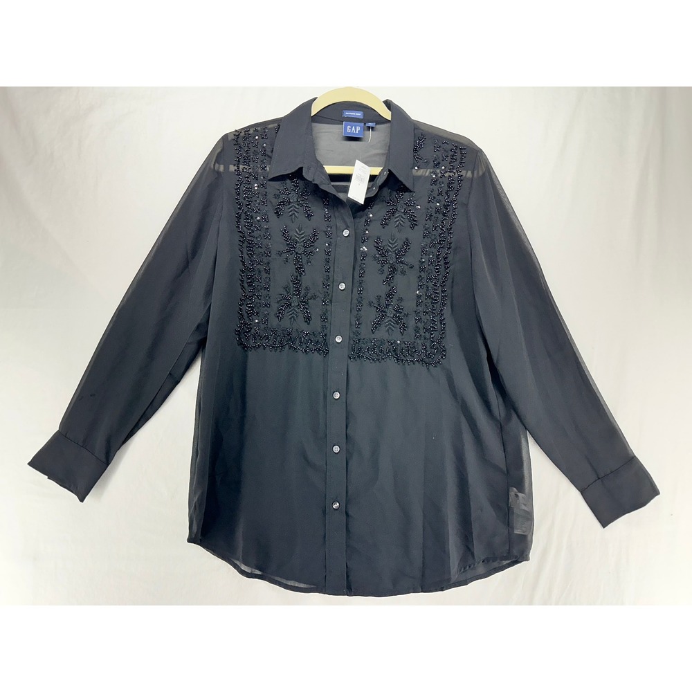 Gap Boyfriend Shirt Womens Small Black Sheer Beaded Sequin Button Up NEW